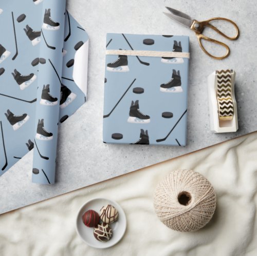 Dusty Blue Ice Hockey Stick Skates  Puck Pattern Wrapping Paper