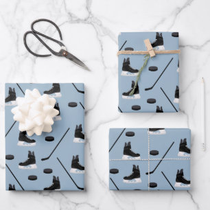 Dusty Blue Ice Hockey Stick, Skates & Puck Pattern Wrapping Paper Sheets