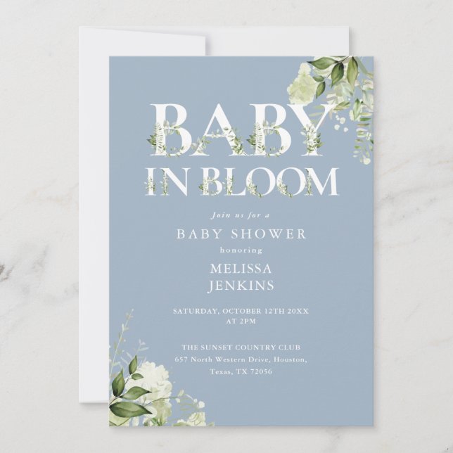 Dusty Blue In Bloom Greenery QR Code Baby Shower Invitation (Front)