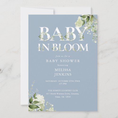 Dusty Blue In Bloom Greenery QR Code Baby Shower Invitation