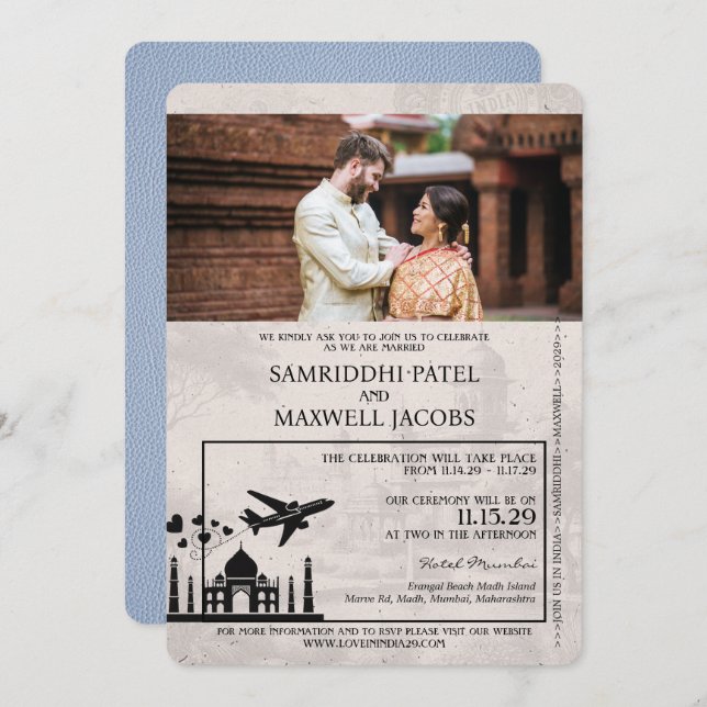 Dusty Blue India Passport Wedding Invitation (Front/Back)