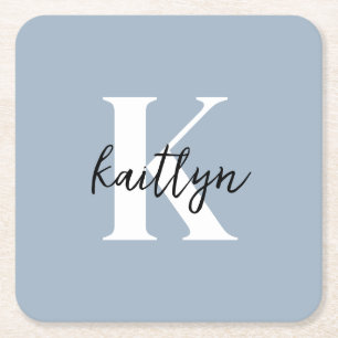 Dusty Blue Initial Name Monogram Square Paper Coaster