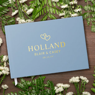 Dusty Blue Interlocked Hearts Romantic Wedding Foil Guest Book