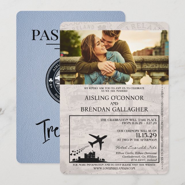 Dusty Blue Ireland Passport Wedding Invitation (Front/Back)