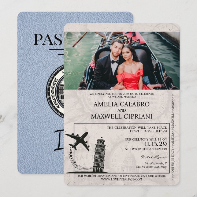 Dusty Blue Italy Passport Wedding Invitation (Front/Back)