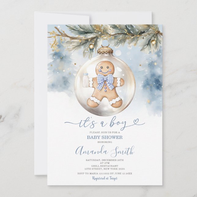Dusty Blue Its A Boy Cookies Christmas Baby Shower Invitation (Front)