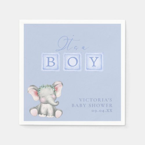 Dusty Blue Its a Boy Elephant Script Baby Shower  Napkins