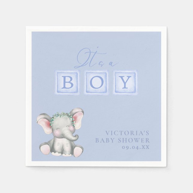 Dusty Blue It's a Boy Elephant Script Baby Shower  Napkins (Front)