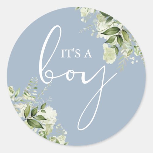 Dusty Blue Its A Boy Greenery Baby Shower Favor Classic Round Sticker