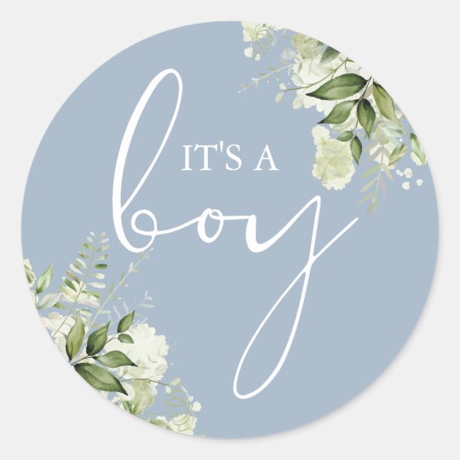 Dusty Blue Its A Boy Greenery Baby Shower Favor Classic Round Sticker (Front)