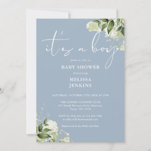 Dusty Blue Its A Boy Greenery Baby Shower Invitation