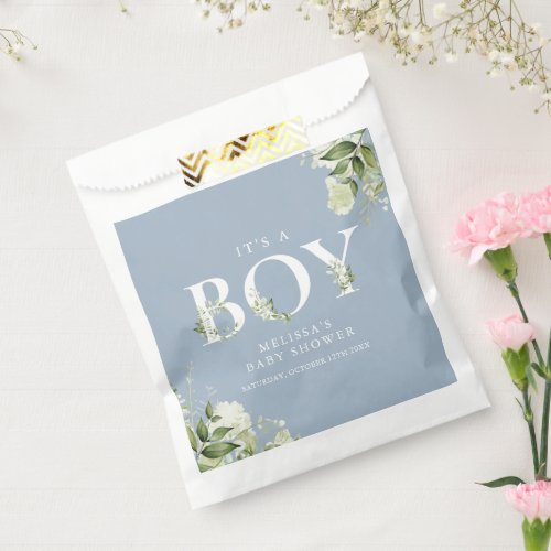 Dusty Blue Its A Boy Greenery Letter Baby Shower Favor Bag