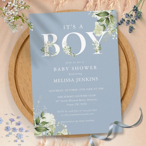 Dusty Blue Its A Boy Greenery Letter Baby Shower Invitation