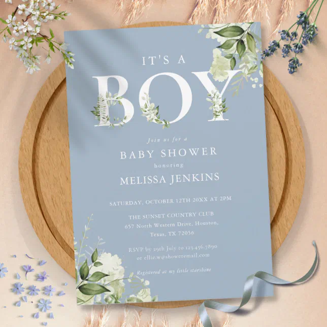 Dusty Blue Its A Boy Greenery Letter Baby Shower Invitation | Zazzle