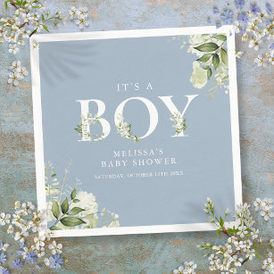 Dusty Blue Its A Boy Greenery Letter Baby Shower Napkins