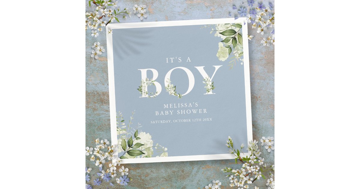 Dusty Blue Its A Boy Greenery Letter Baby Shower Napkins | Zazzle