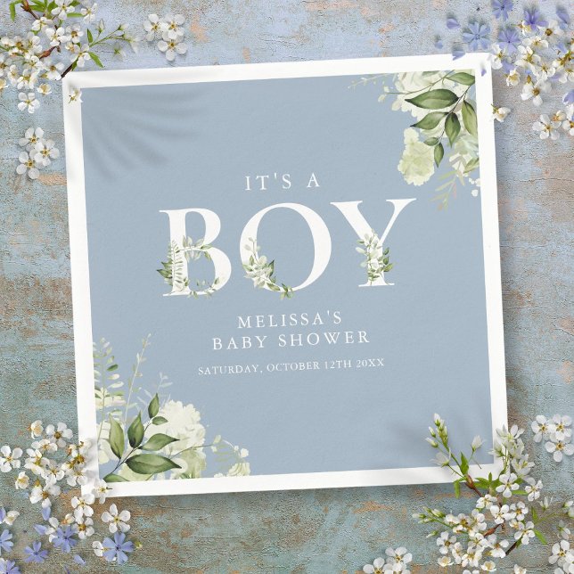 Dusty Blue Its A Boy Greenery Letter Baby Shower Napkins (Dusty Blue Its A Boy Greenery Letter Baby Shower Napkins)