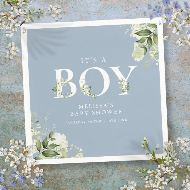 Dusty Blue Its A Boy Greenery Letter Baby Shower Napkins | Zazzle
