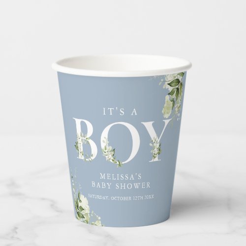 Dusty Blue Its A Boy Greenery Letter Baby Shower Paper Cups