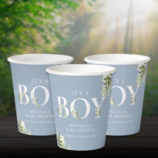 Dusty Blue Its A Boy Greenery Letter Baby Shower Paper Cups (Dusty Blue Its A Boy Greenery Letter Baby Shower Paper Cups)