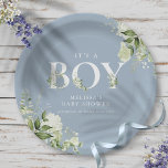 Dusty Blue Its A Boy Greenery Letter Baby Shower Paper Plates<br><div class="desc">It's a boy baby shower paper plate featuring elegant typography and pretty botanical greenery foliage on a dusty blue background. Designed by Thisisnotme©</div>
