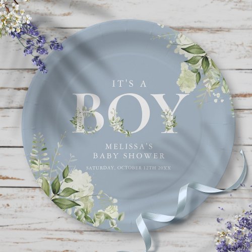Dusty Blue Its A Boy Greenery Letter Baby Shower Paper Plates