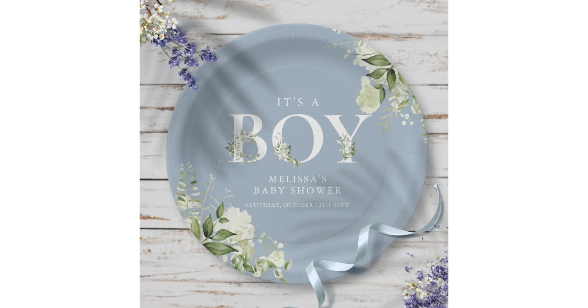 Dusty Blue Its A Boy Greenery Letter Baby Shower Paper Plates | Zazzle