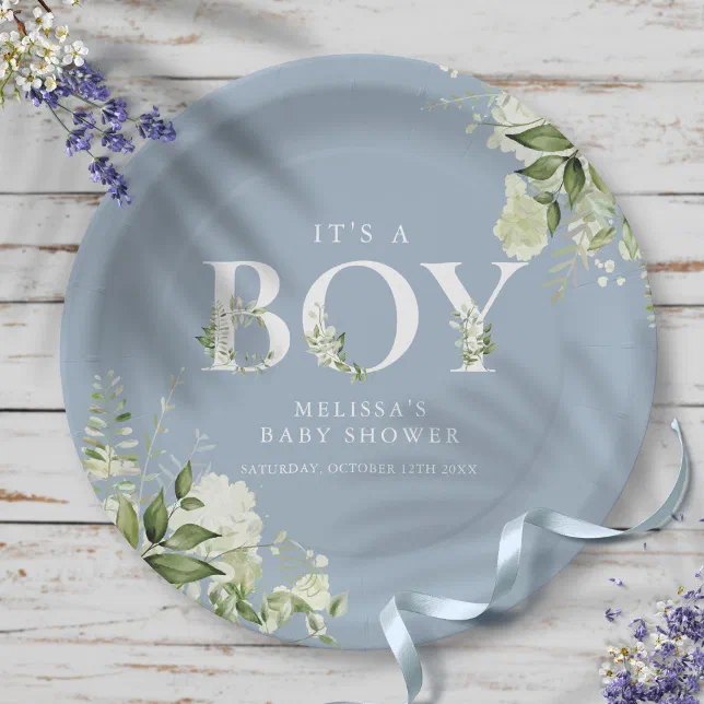 Dusty Blue Its A Boy Greenery Letter Baby Shower Paper Plates | Zazzle