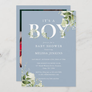 Dusty Blue Its A Boy Greenery Photo Baby Shower Invitation