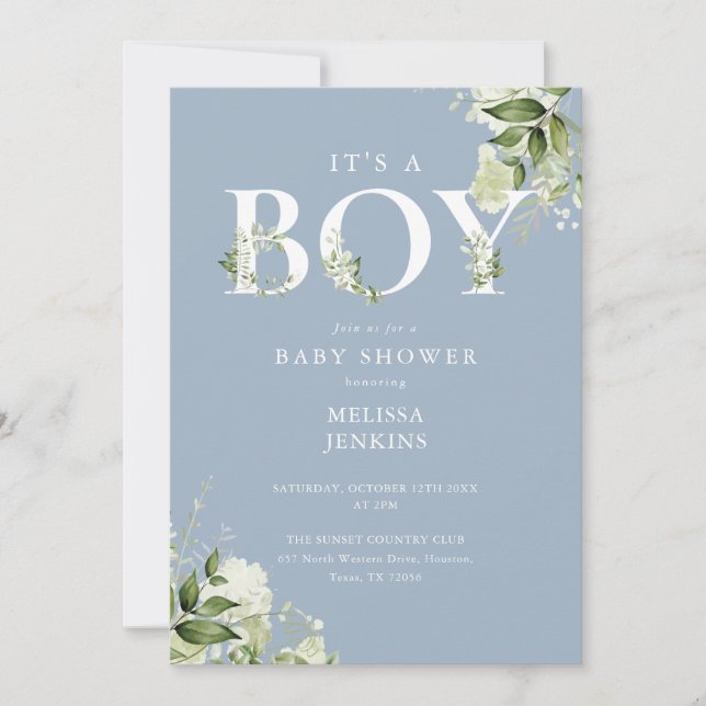 Dusty Blue Its A Boy Greenery QR Code Baby Shower Invitation (Front)