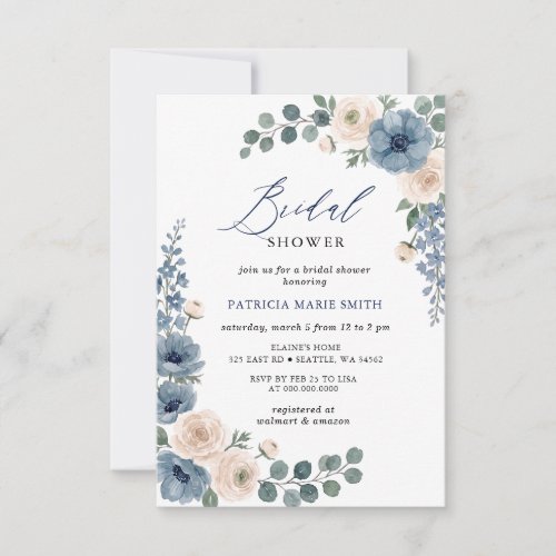 Dusty Blue Ivory Blush Floral Modern Bridal Shower Invitation
