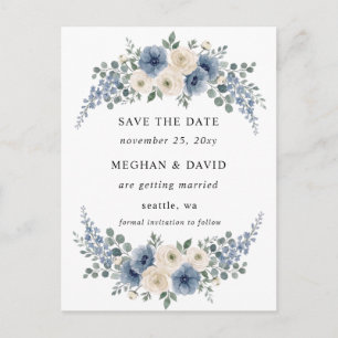 Dusty Blue Ivory Blush Floral Modern Save the Date Announcement Postcard