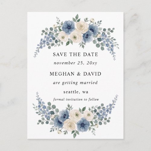 Dusty Blue Ivory Blush Floral Modern Save the Date Announcement Postcard