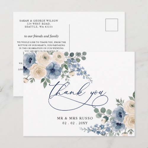Dusty Blue Ivory Blush Floral Modern Thank You Postcard