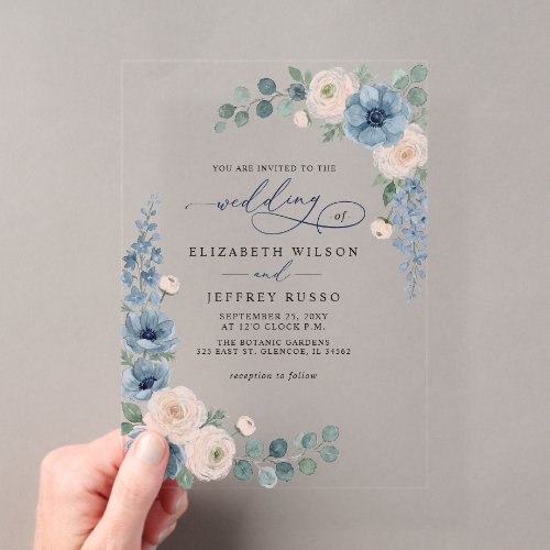 Dusty Blue Ivory Blush Floral Modern Wedding Acrylic Invitations