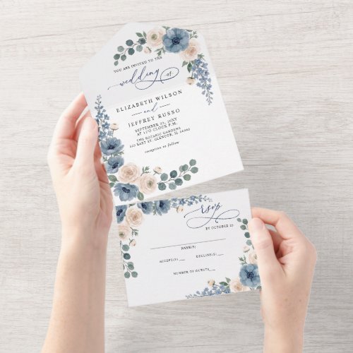 Dusty Blue Ivory Blush Floral Modern Wedding All In One Invitation