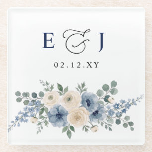 Dusty Blue Ivory Blush Floral Modern Wedding Glass Coaster