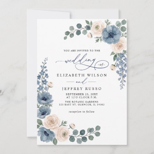 Dusty Blue Ivory Blush Floral Modern Wedding Invitation