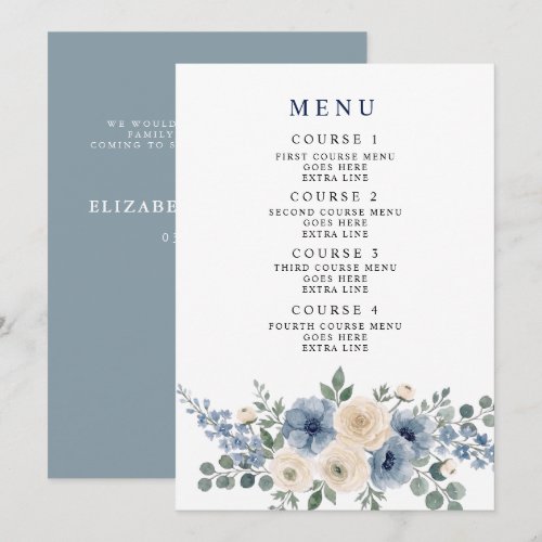 Dusty Blue Ivory Blush Floral Modern Wedding Menu