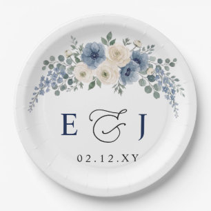 Dusty Blue Ivory Blush Floral Modern Wedding Paper Plates