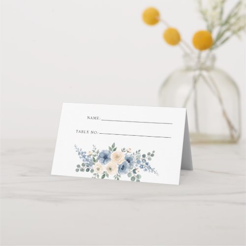 Dusty Blue Ivory Blush Floral Modern Wedding Place Card