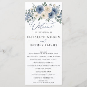 Dusty Blue Ivory Blush Floral Modern Wedding Program