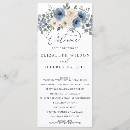 Dusty Blue Ivory Blush Floral Modern Wedding Program