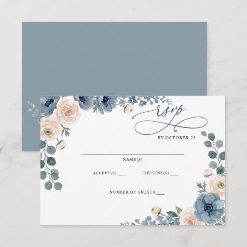 Dusty Blue Ivory Blush Floral Modern Wedding RSVP Card