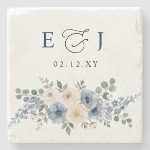 Dusty Blue Ivory Blush Floral Modern Wedding Stone Coaster