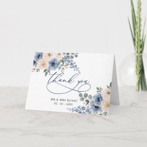 Dusty Blue Ivory Blush Floral Modern Wedding Thank You Card