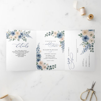 Dusty Blue Ivory Blush Floral Modern Wedding Tri-Fold Invitation