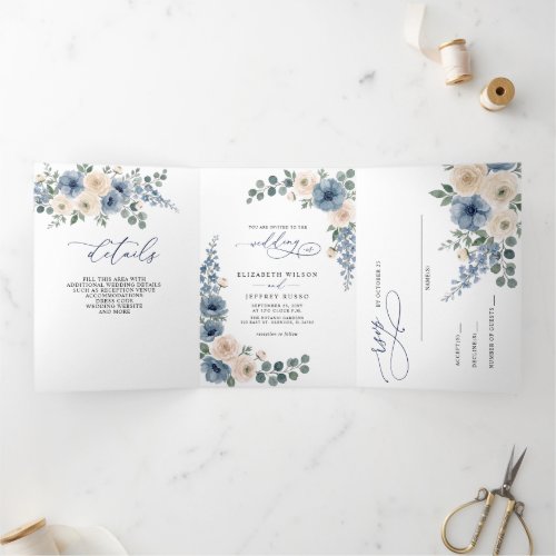 Dusty Blue Ivory Blush Floral Modern Wedding Tri-Fold Invitation