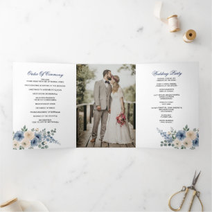 Dusty Blue Ivory Blush Floral Modern Wedding Tri-Fold Program