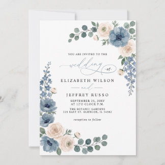 Dusty Blue Ivory Blush Floral QR Code Wedding Invitation